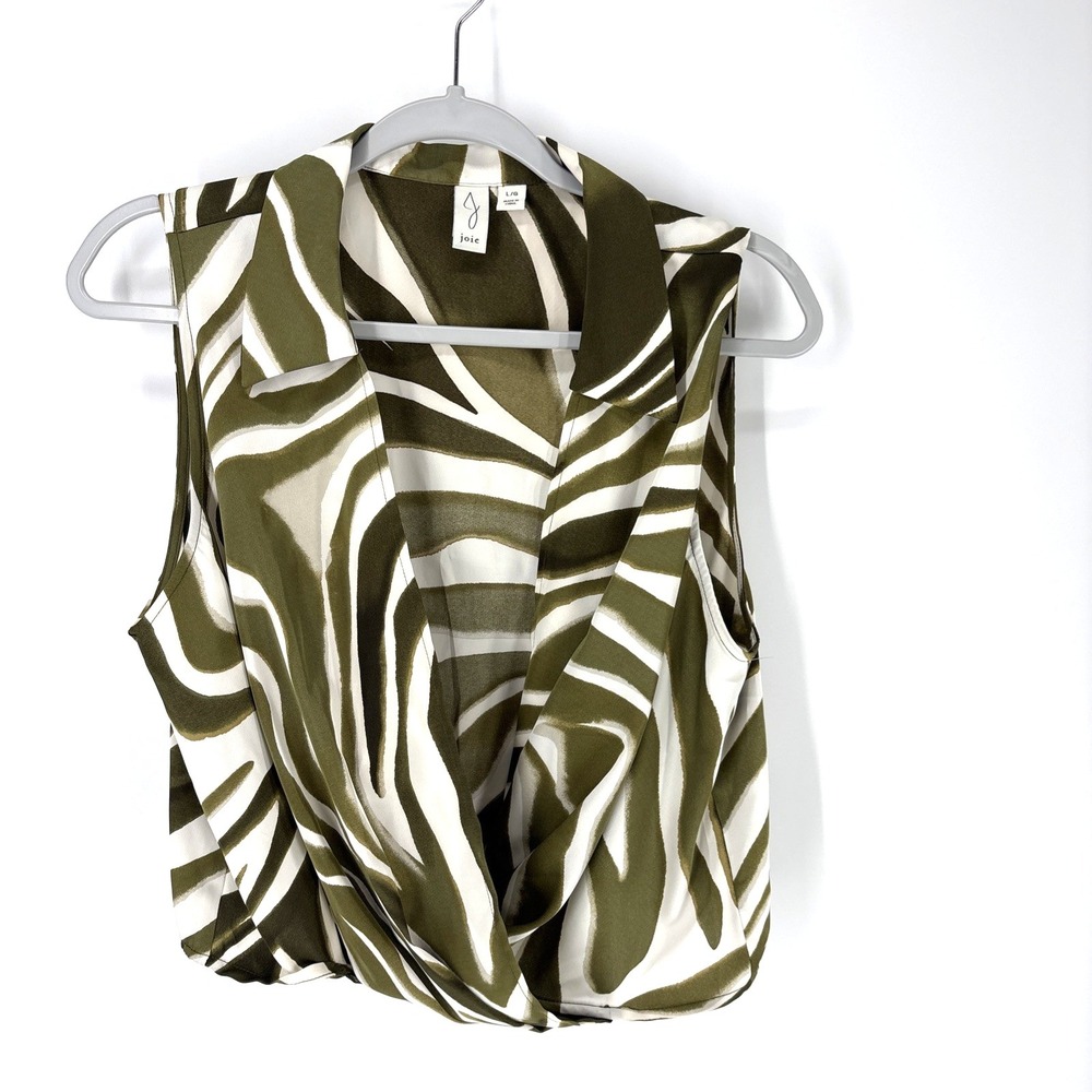 Joie Sleeveless Crop Top Large Green White Satin Zebra Print Wrap